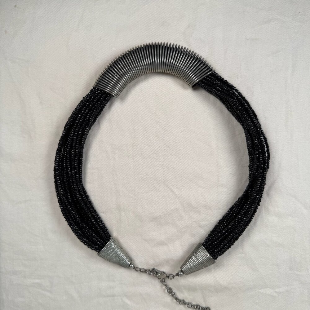 Vintage Black Multi Strand Beaded Silver Spiral Coil Center Collar Necklace